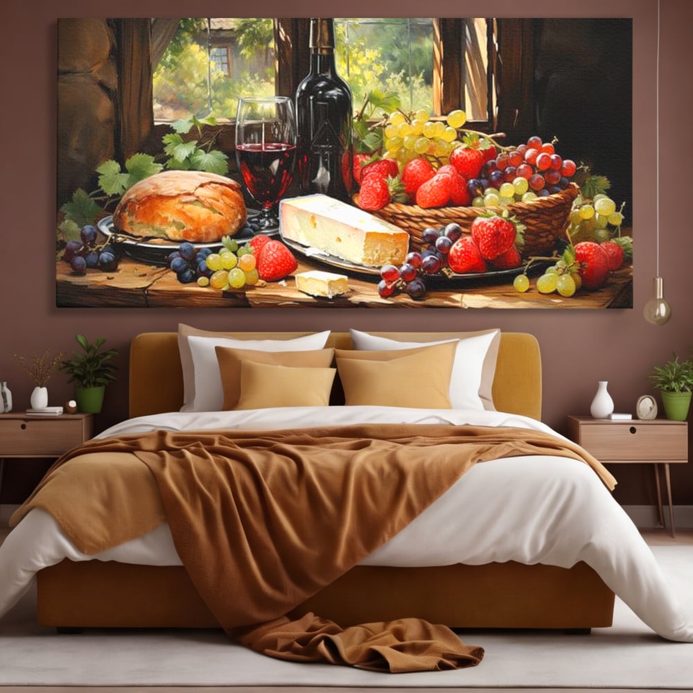 Tablou canvas cu natura moarta cu paine si vin, fara rama, pe sasiu de lemn, pe perete intr-un dormitor